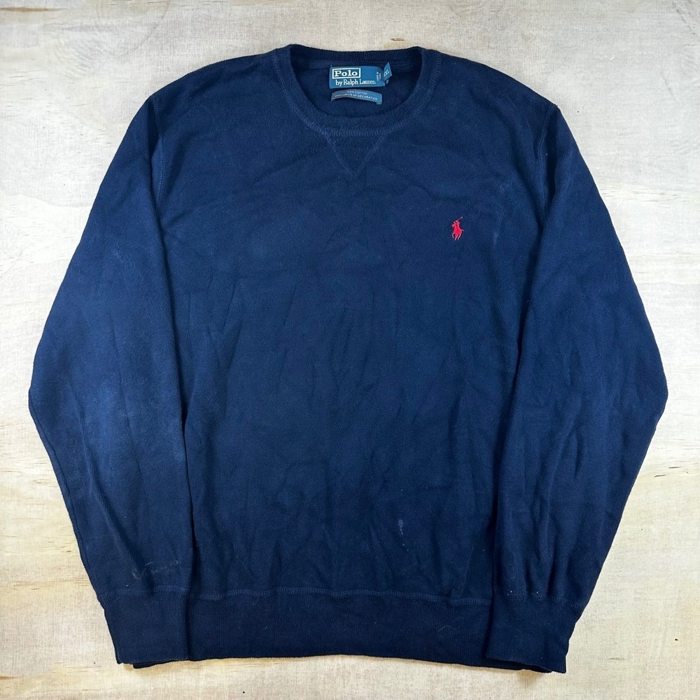 Polo Ralph Lauren Mens XXL Navy Blue Cotton Crewneck Sweater Red Pony Logo